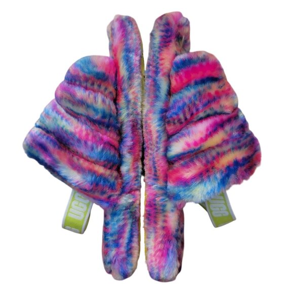 UGG Fluff Yeah Slide Slippers 6 Furry Cozy Strap Rainbow Pixelate Open Toe - Picture 6 of 8